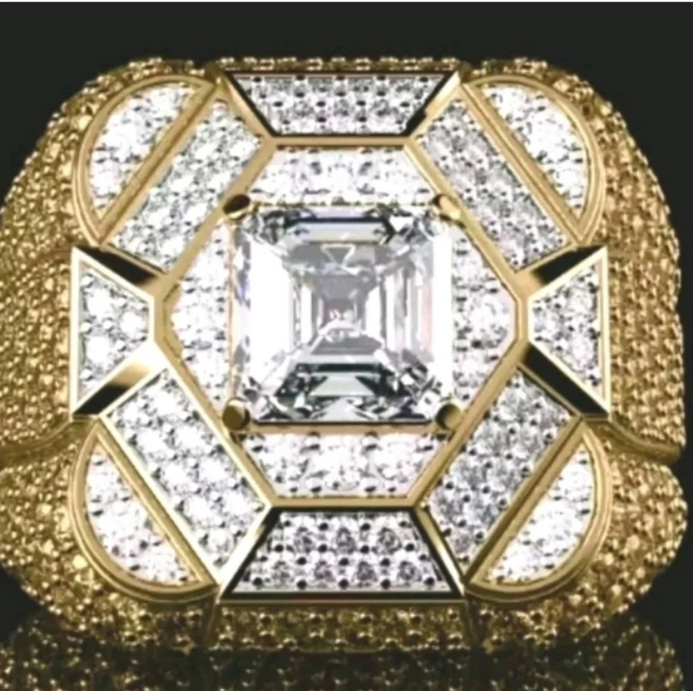 Mens Elegant Simulated Diamond 14k  Gold Plated Ring Sz 8